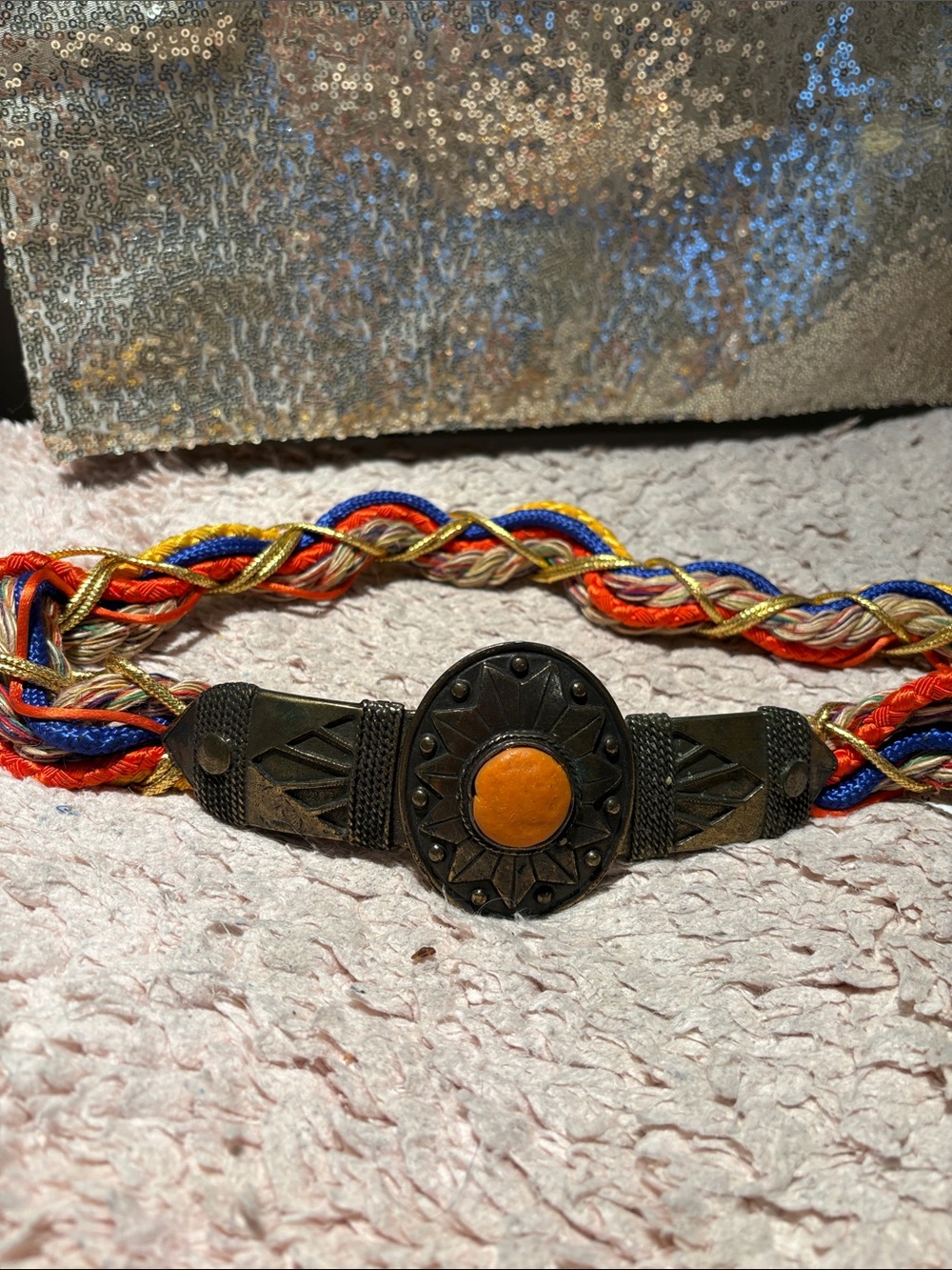 Multicolor Braided Cord Belt with Antique Metal Medallion